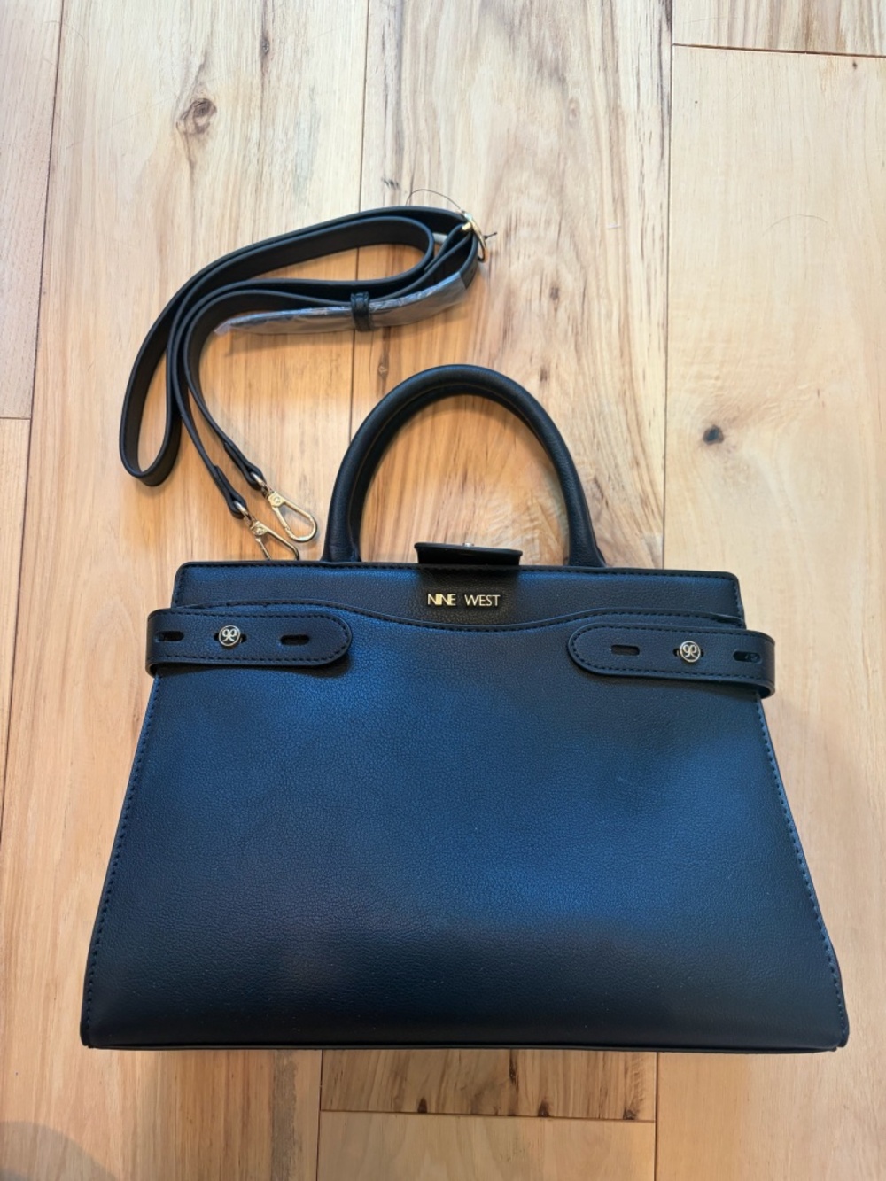Nine West Belted Structured Satchel Crossbody Top Handle Bag Black Gold